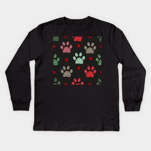 Paw print and snowflakes Merry Christmas white pattern Kids Long Sleeve T-Shirt